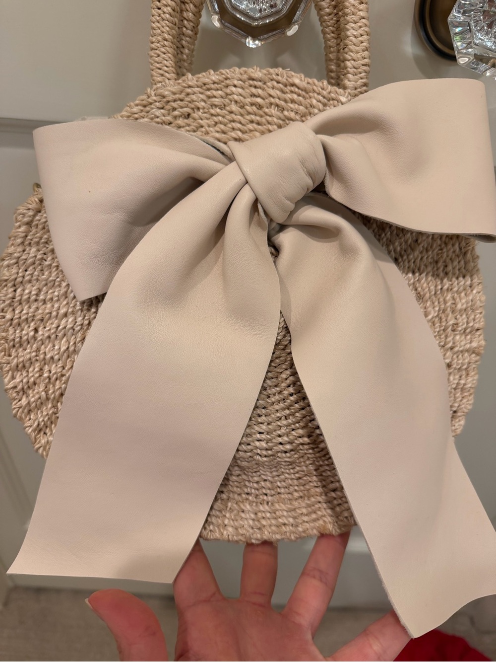 Clare V Round Straw Tote with Large Cream Bow - Picture 6 of 9